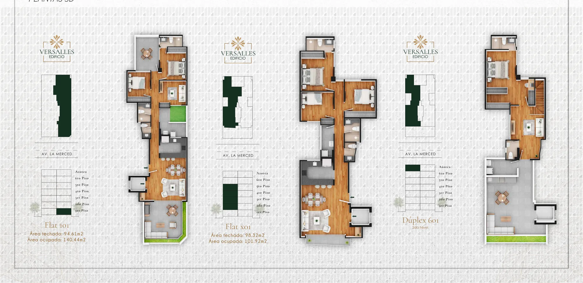Plantas 3D del edificio Versalles en Surco: flats y dúplex amoblados